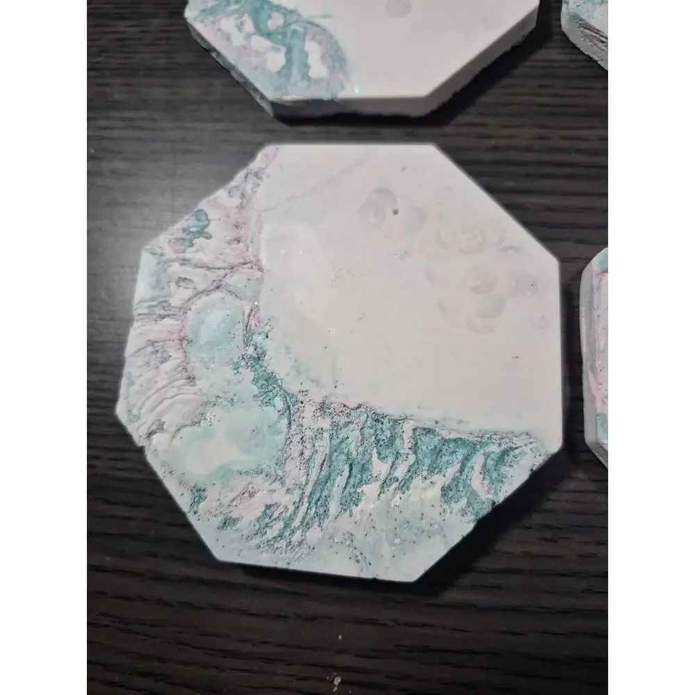 4 Teal/Pink White Marbled Eco Resin Stone Look Hexagon Coasters 4” Handmade